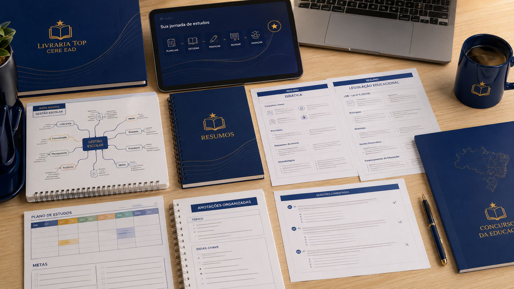 Mockup de materiais da Livraria Top CERE EAD com resumos comentados, mapas mentais, plano de estudos e questões comentadas para concursos da educação