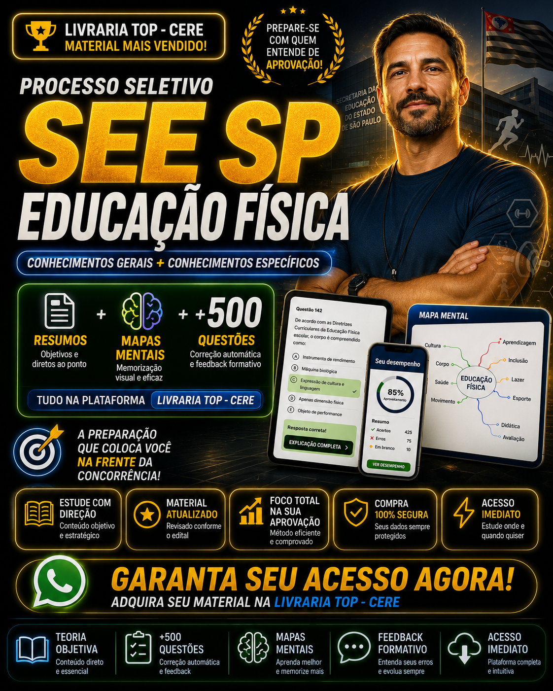 Preparatório PSS 2027 - SEE - SP – Professor de Educação Física | Resumos, Mapas Mentais e +500 Questões