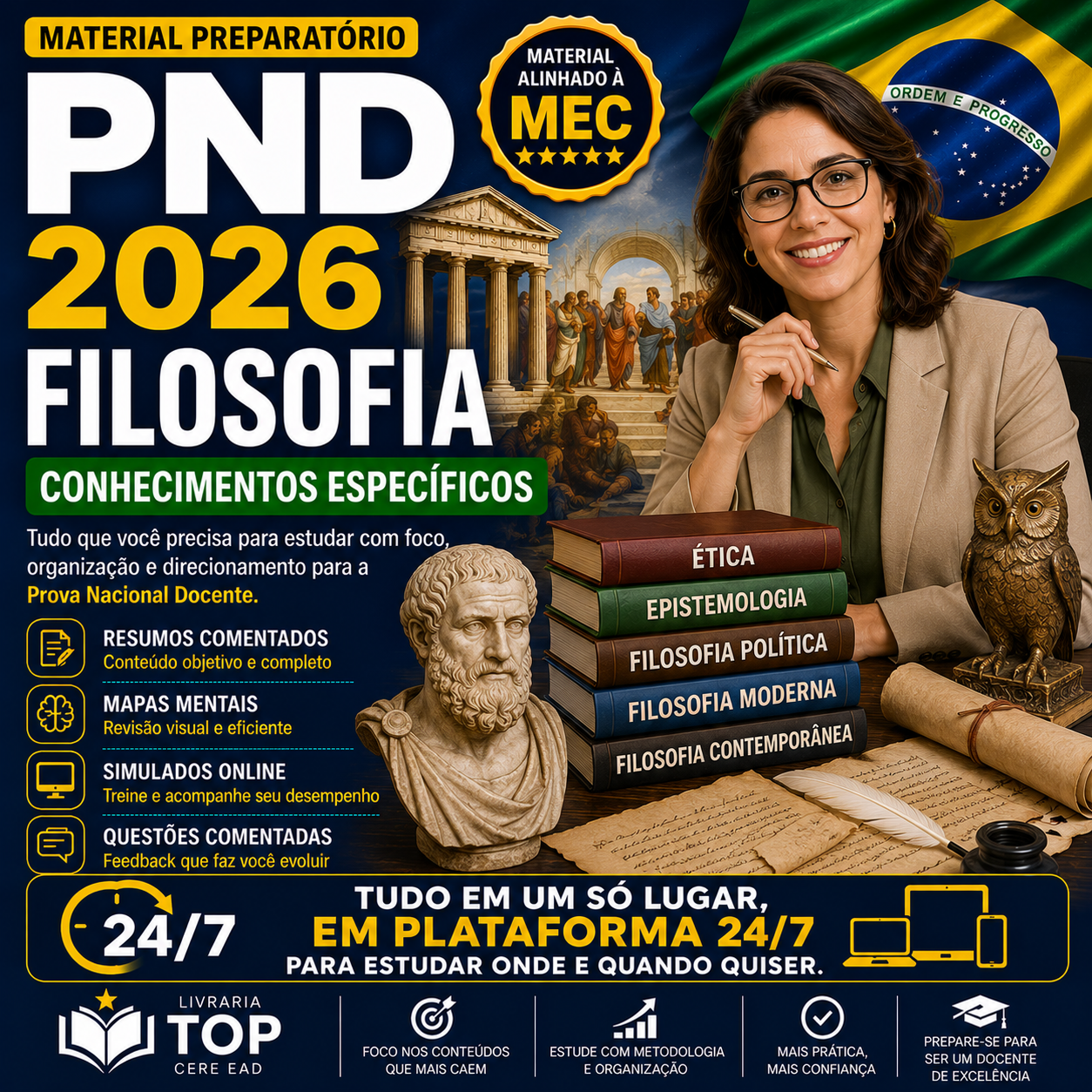 Imagem promocional do Material Preparatório PND 2026 Filosofia com destaque para Conhecimentos Específicos, resumos comentados, mapas mentais, simulados online e questões comentadas.