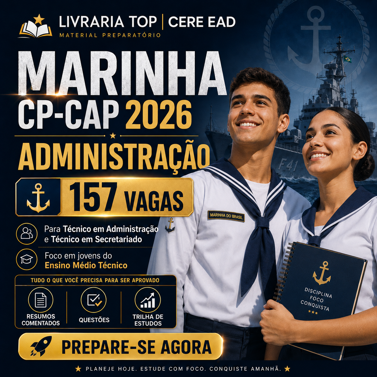 Marinha CP-CAP 2026 Administração material preparatório para Ensino Médio Técnico com resumos questões e trilha de estudos