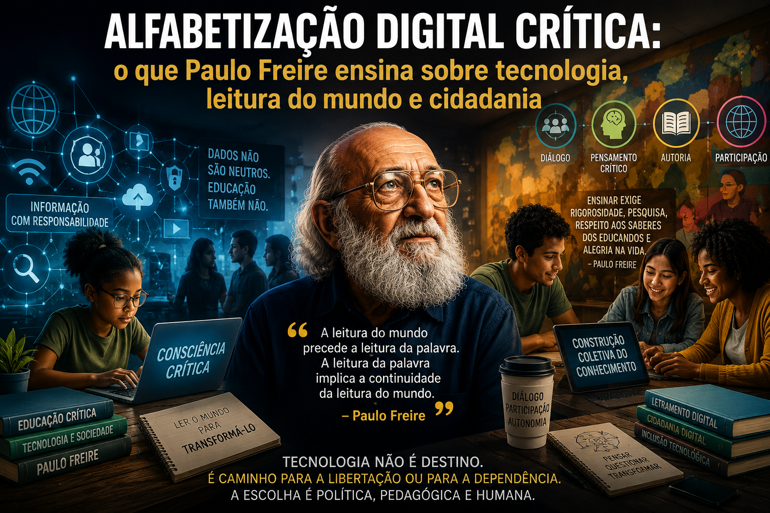 Alfabetização digital crítica em Paulo Freire com tecnologia, leitura do mundo, cidadania digital, pensamento crítico e educação emancipadora