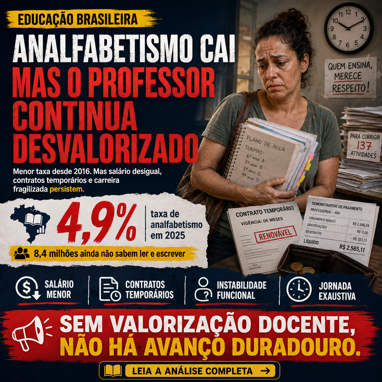 Professor desvalorizado apesar da queda do analfabetismo no Brasil.