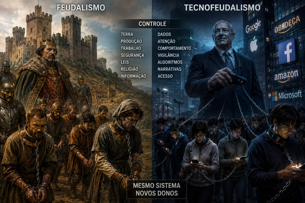 fTecnofeudalismo e servos digitais comparados ao feudalismo medieval, mostrando o cabresto antigo da terra e o cabresto moderno dos dados, algoritmos e Big Techs.