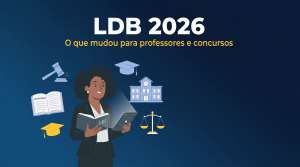 LDB 2026 atualizada: professora com livro de legislação e ícones de educação